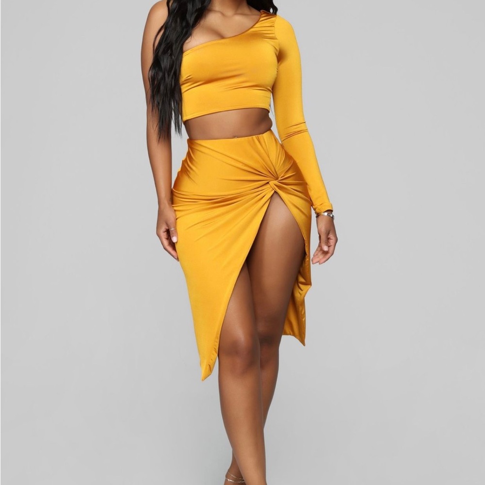Fashion Nova Mustard Asymmetrical Skirt Set